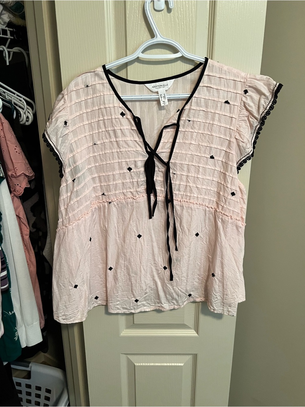Addition Elle Light Pink Peasant Tie-Front Blouse with Black Trim